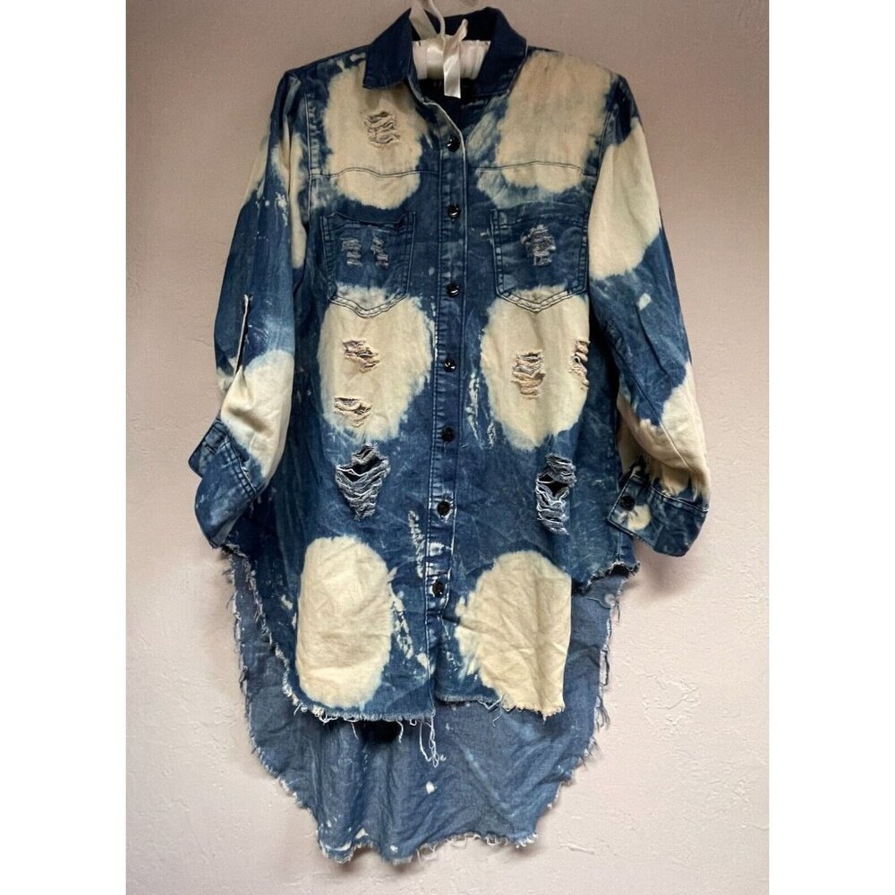 Thrill Jeans Womens High Low Distressed Button Down Denim Shirt Top Large Blue